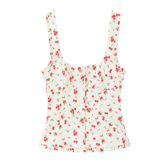 Top Blanco con Estampado de Cerezas y Botones Frontales