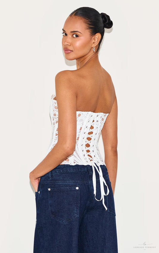 Top Corset Blanco de Encaje Floral – Estilo Elegante y Sexy