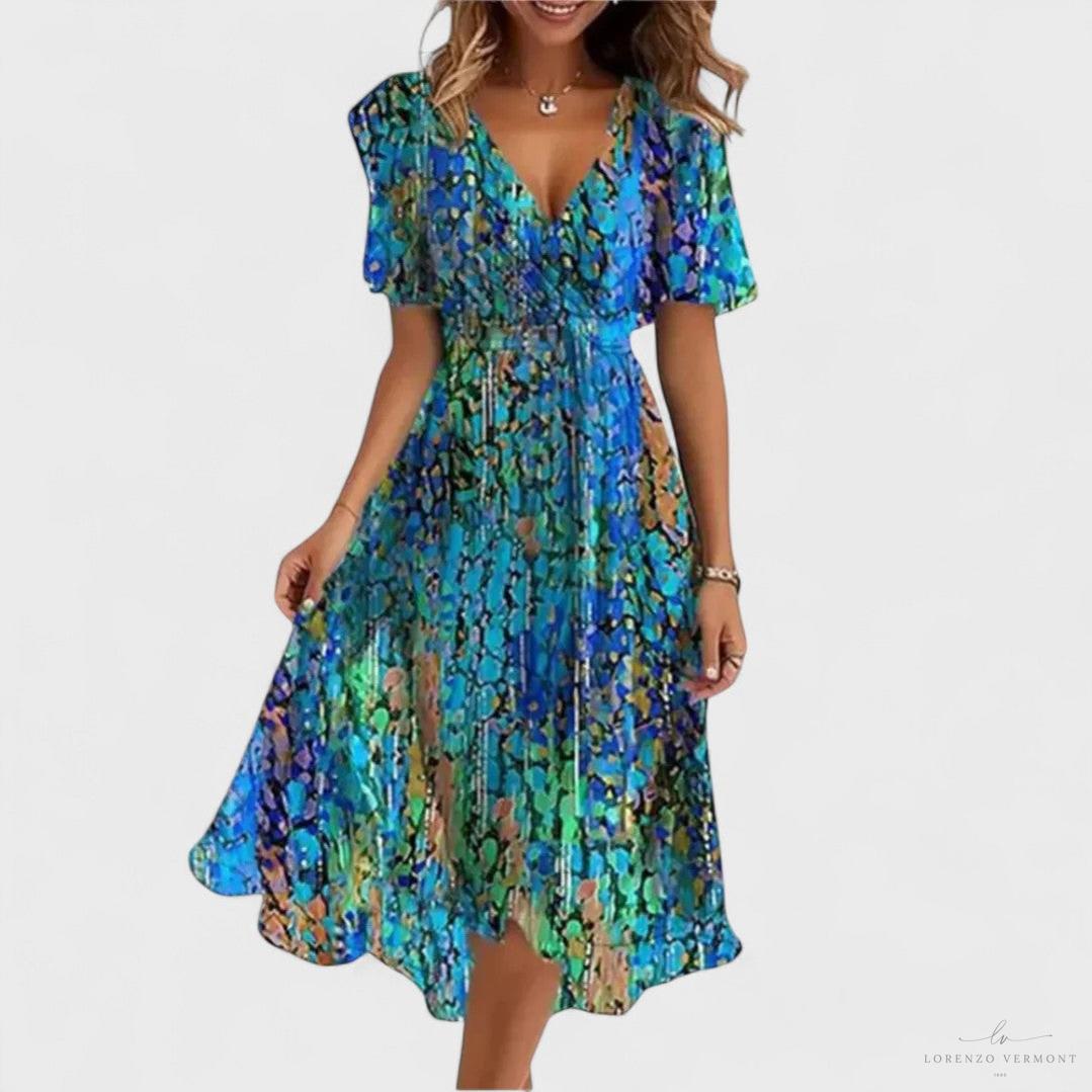 Vestido acuarela con escote en V y vuelo elegante