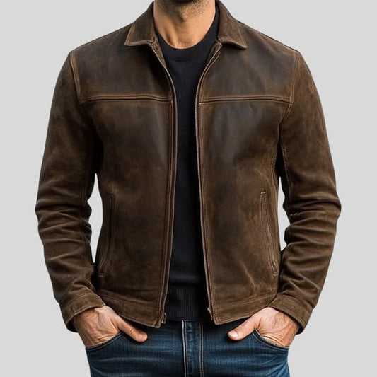 Chaqueta de Ante con Cremallera Frontal y Estilo Minimalista
