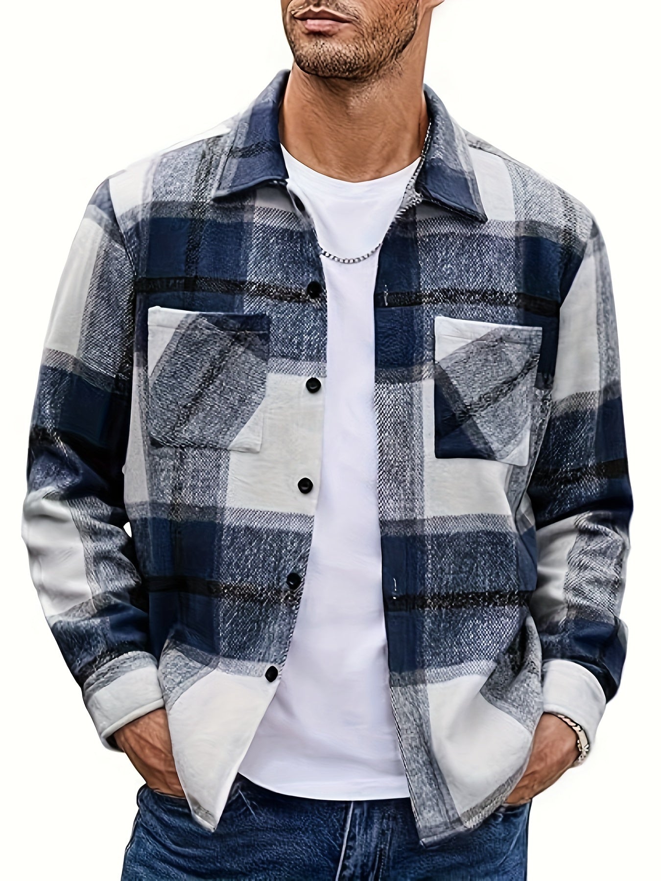 Sobrecamisa Casual de Cuadros con Bolsillos Frontales