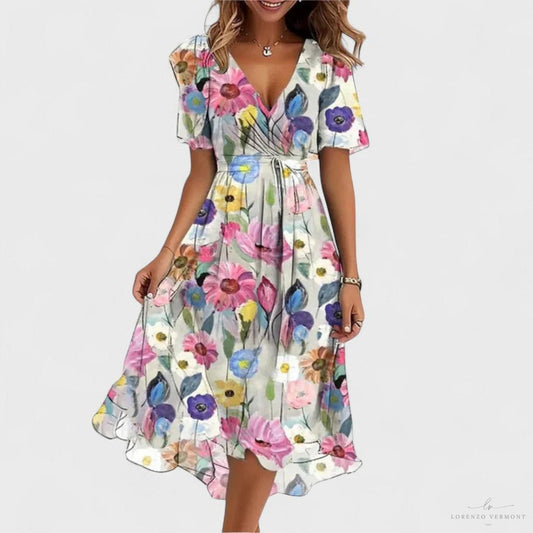 Vestido acuarela con escote en V y vuelo elegante