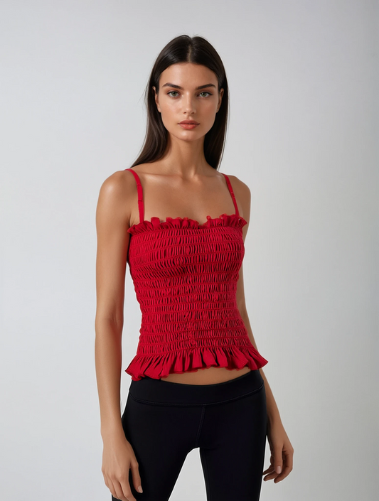 Top Fruncido Rojo con Volantes y Tirantes Finos