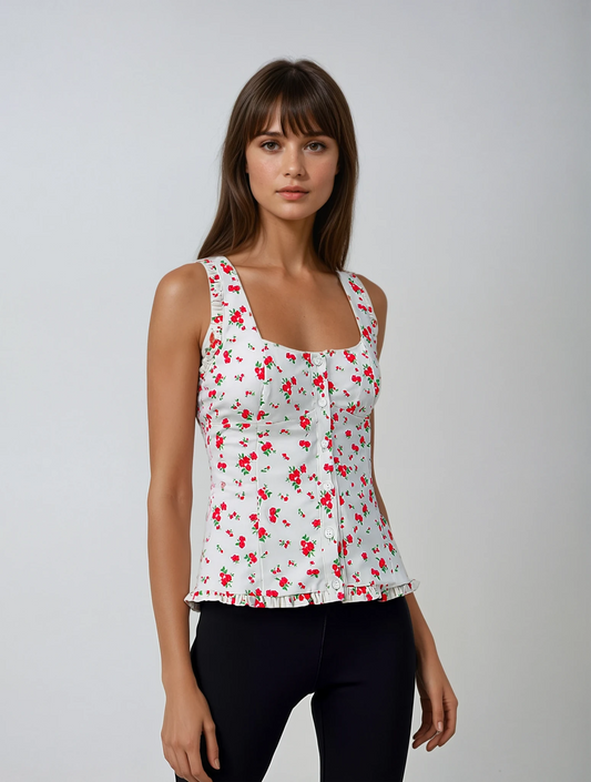 Top Blanco con Estampado de Cerezas y Botones Frontales