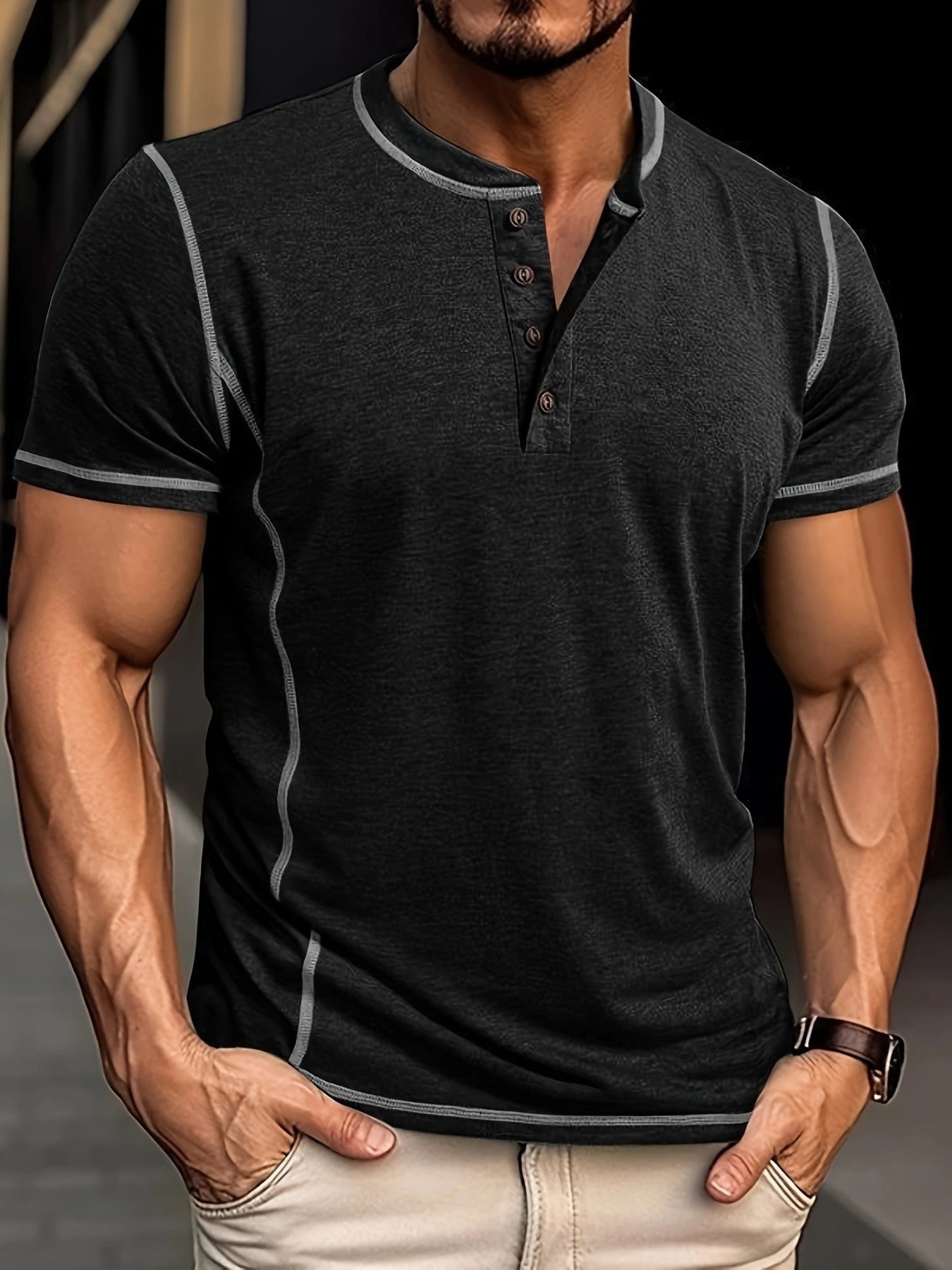 Camiseta Henley con Costuras en Contrastei