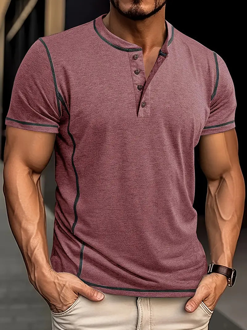 Camiseta Henley con Costuras en Contrastei